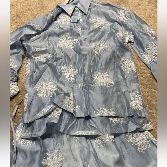 Commense M Semi-Sheer Plant Embroidery Casual Shorts Set Blue cc4 - Picture 7 of 8